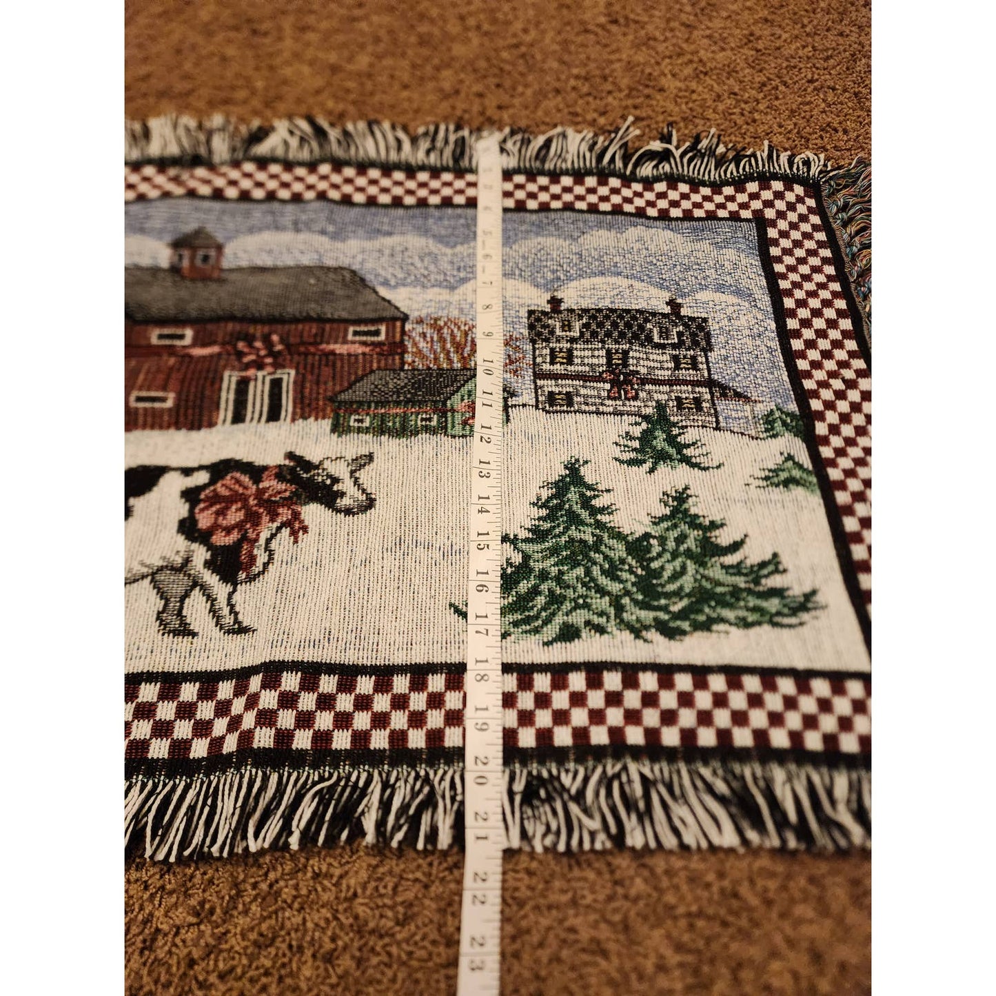 Vintage Tapestry Rug Country Christmas Cow Barn Rustic Farmhouse Table 20x36