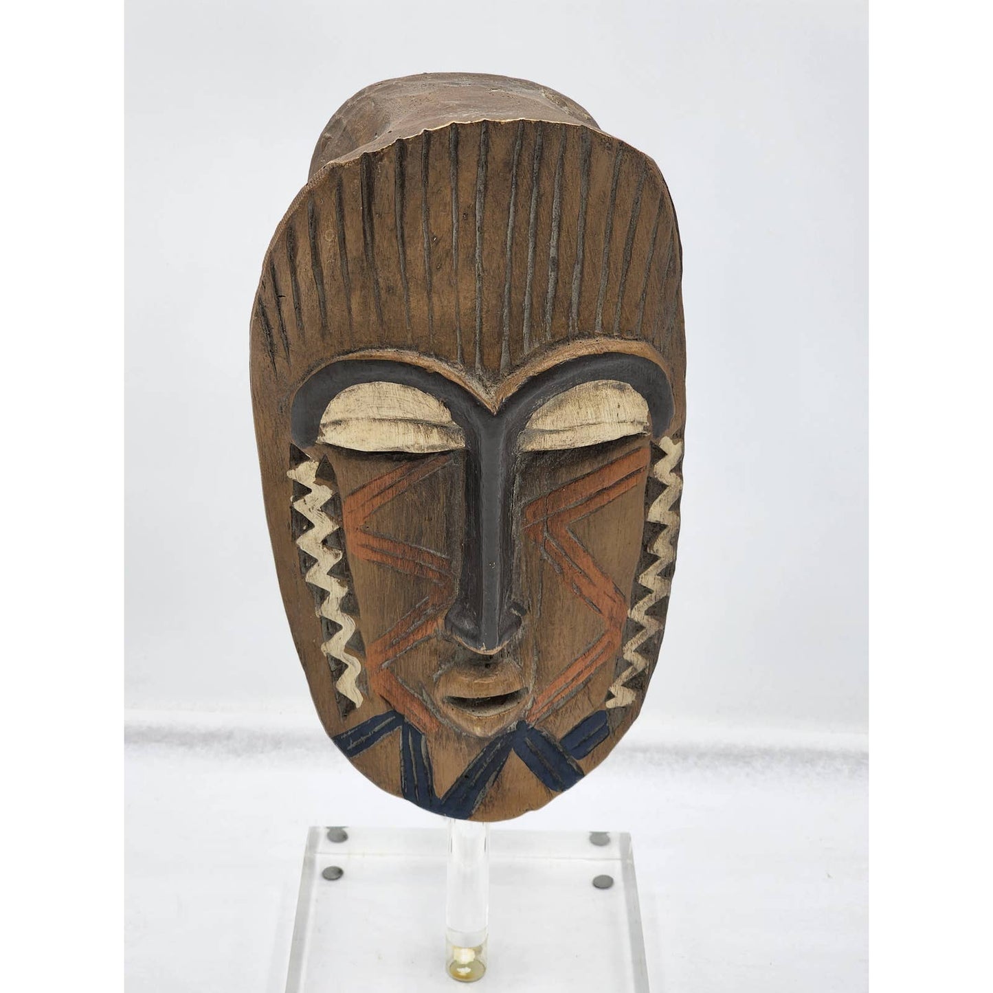 African Mask Lucite Stand Tribal Display Home Decor Art Oblong Oval Standing 17"