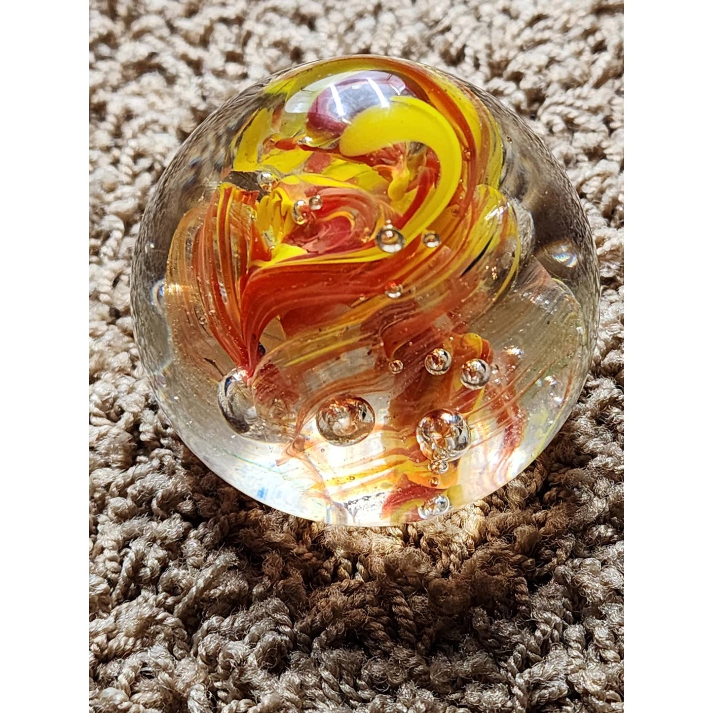 Paperweight Art Glass Orange Yellow Floral Vintage Collectible Home Office Decor
