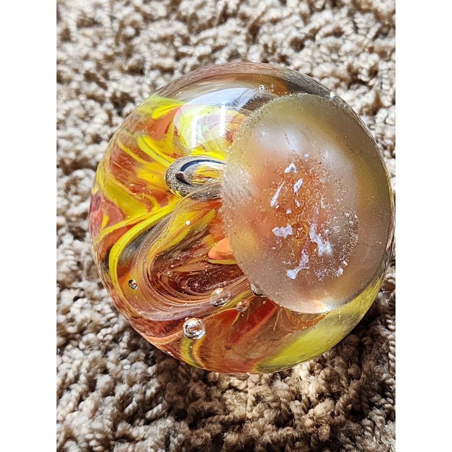 Paperweight Art Glass Orange Yellow Floral Vintage Collectible Home Office Decor