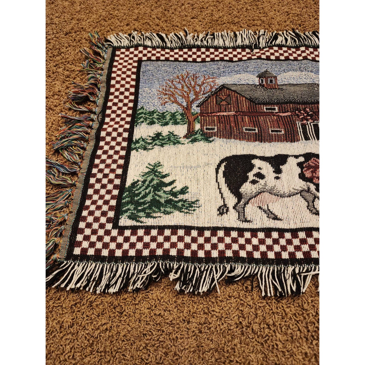 Vintage Tapestry Rug Country Christmas Cow Barn Rustic Farmhouse Table 20x36