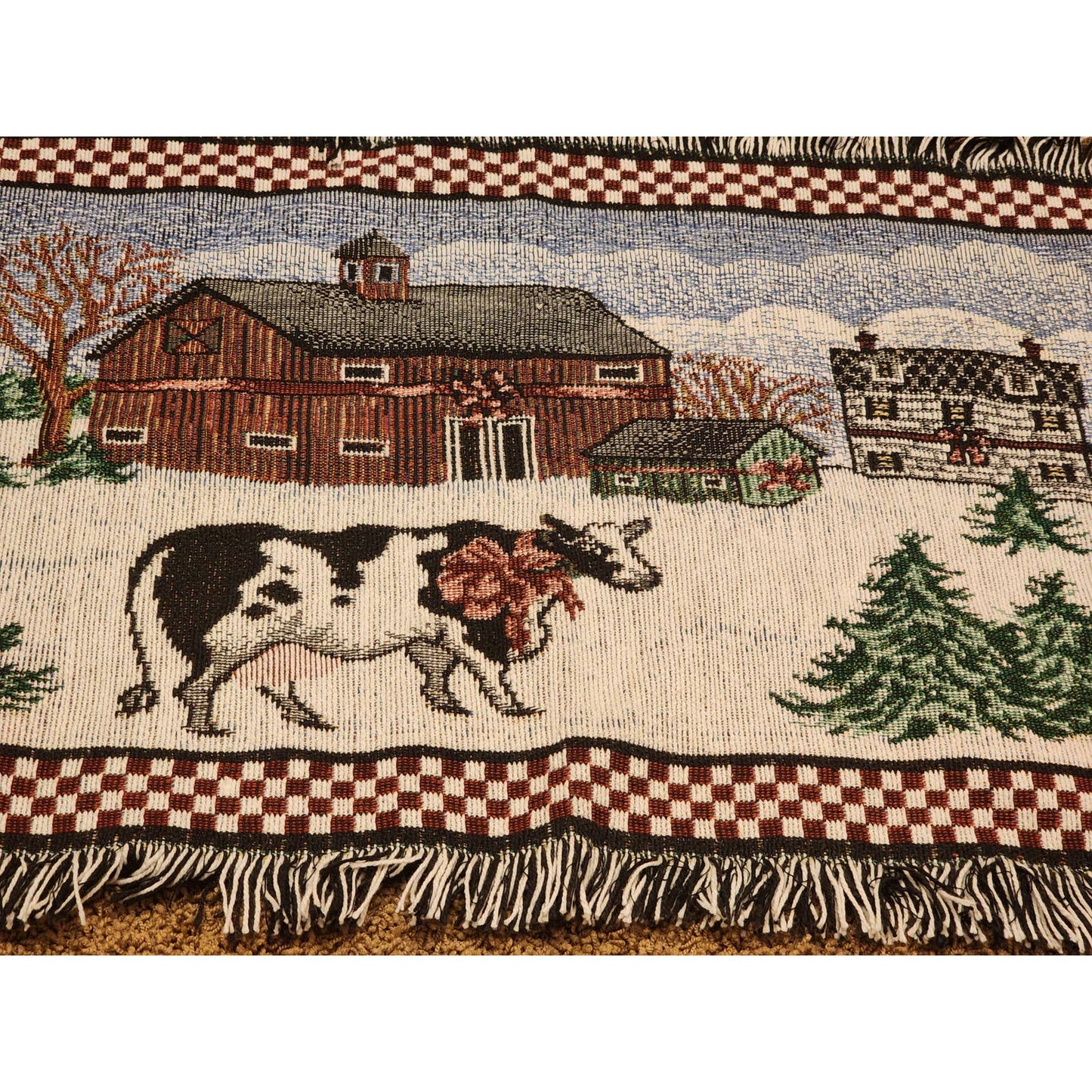 Vintage Tapestry Rug Country Christmas Cow Barn Rustic Farmhouse Table 20x36