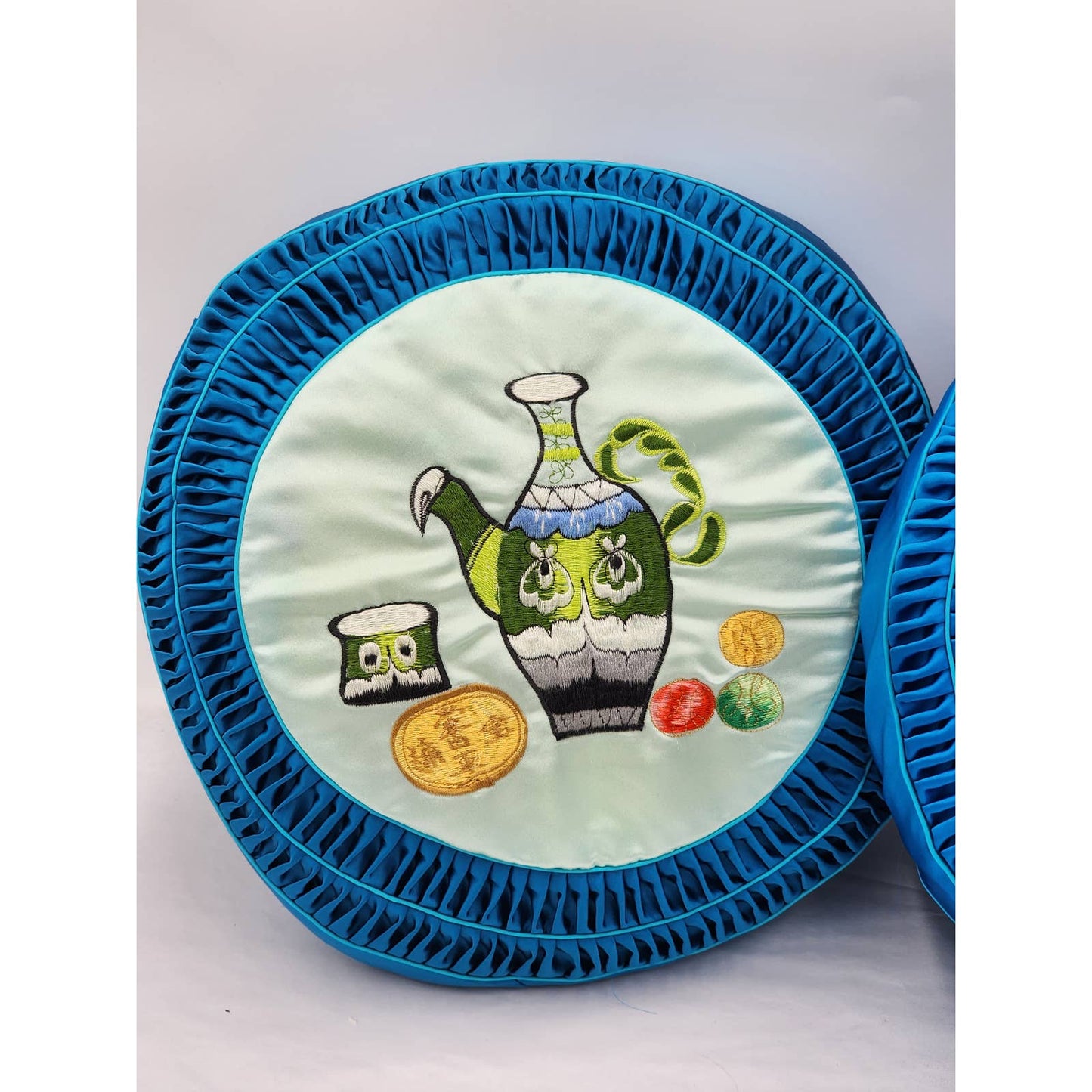 Asian Throw Pillows Pair Embroidered Blue Satin Round Decorative Tea Time