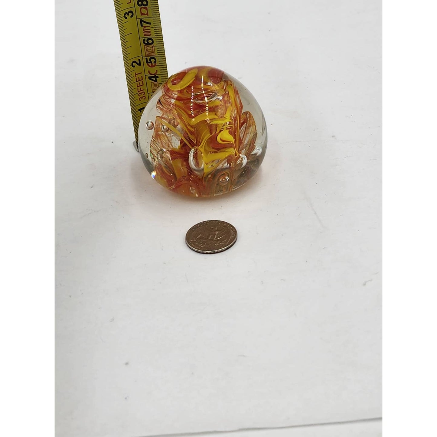 Paperweight Art Glass Orange Yellow Floral Vintage Collectible Home Office Decor