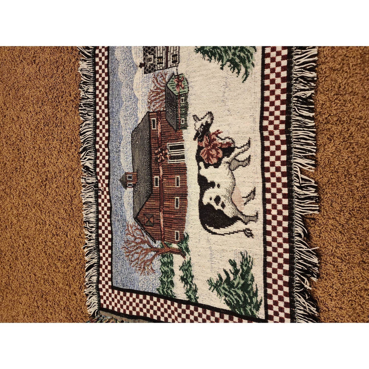 Vintage Tapestry Rug Country Christmas Cow Barn Rustic Farmhouse Table 20x36