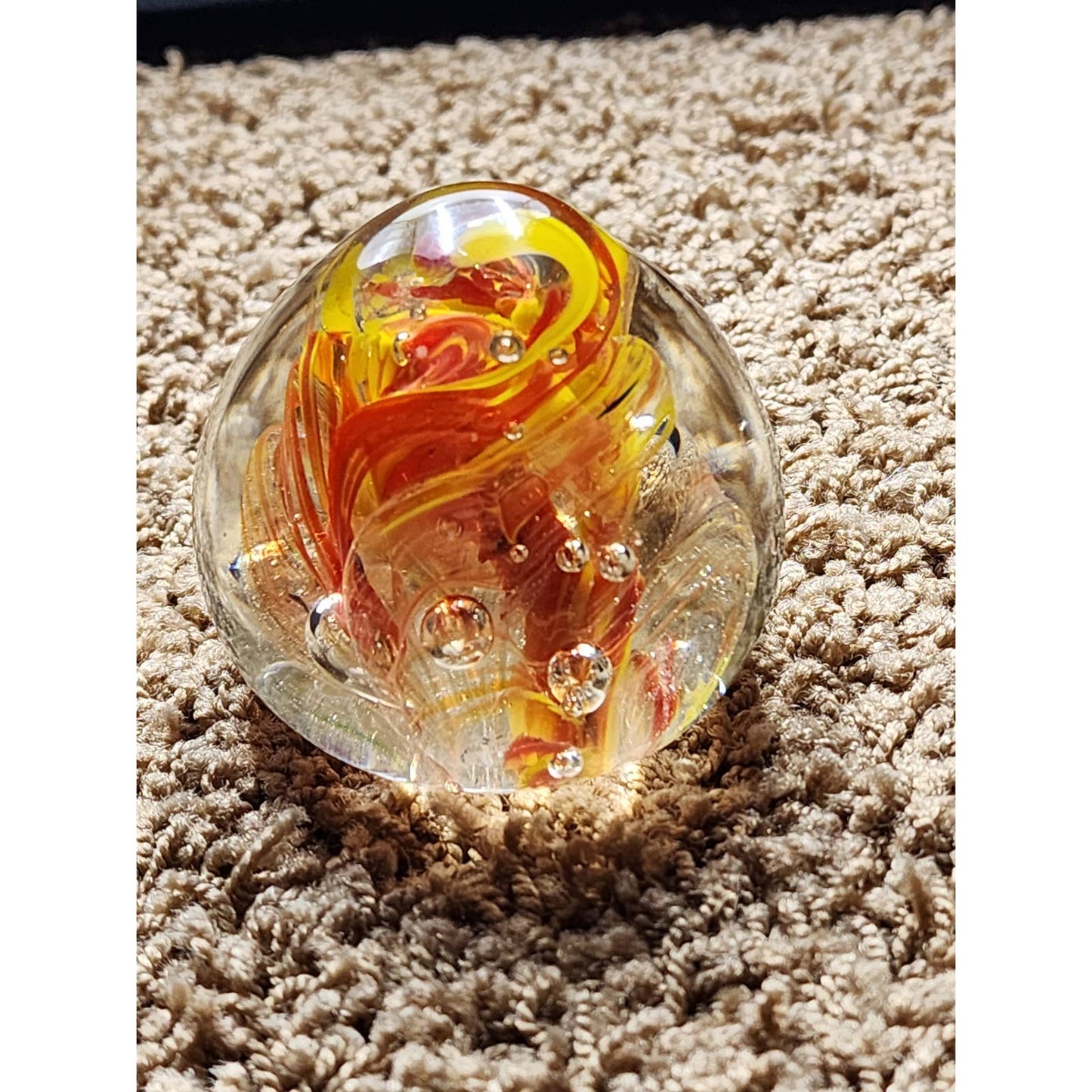Paperweight Art Glass Orange Yellow Floral Vintage Collectible Home Office Decor