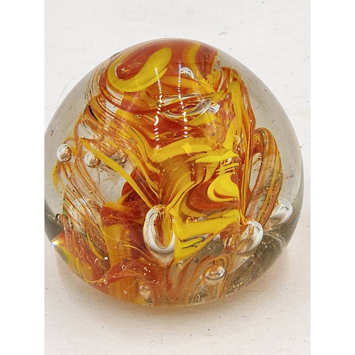 Paperweight Art Glass Orange Yellow Floral Vintage Collectible Home Office Decor