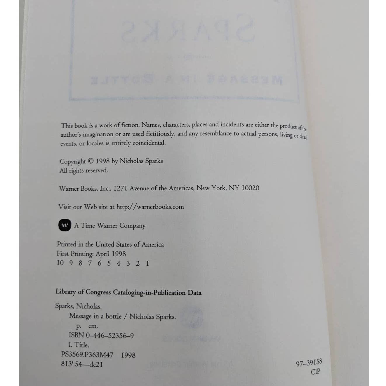 Message In A Bottle By Nicholas Sparks Romance Novel First Printing Vintage 1998