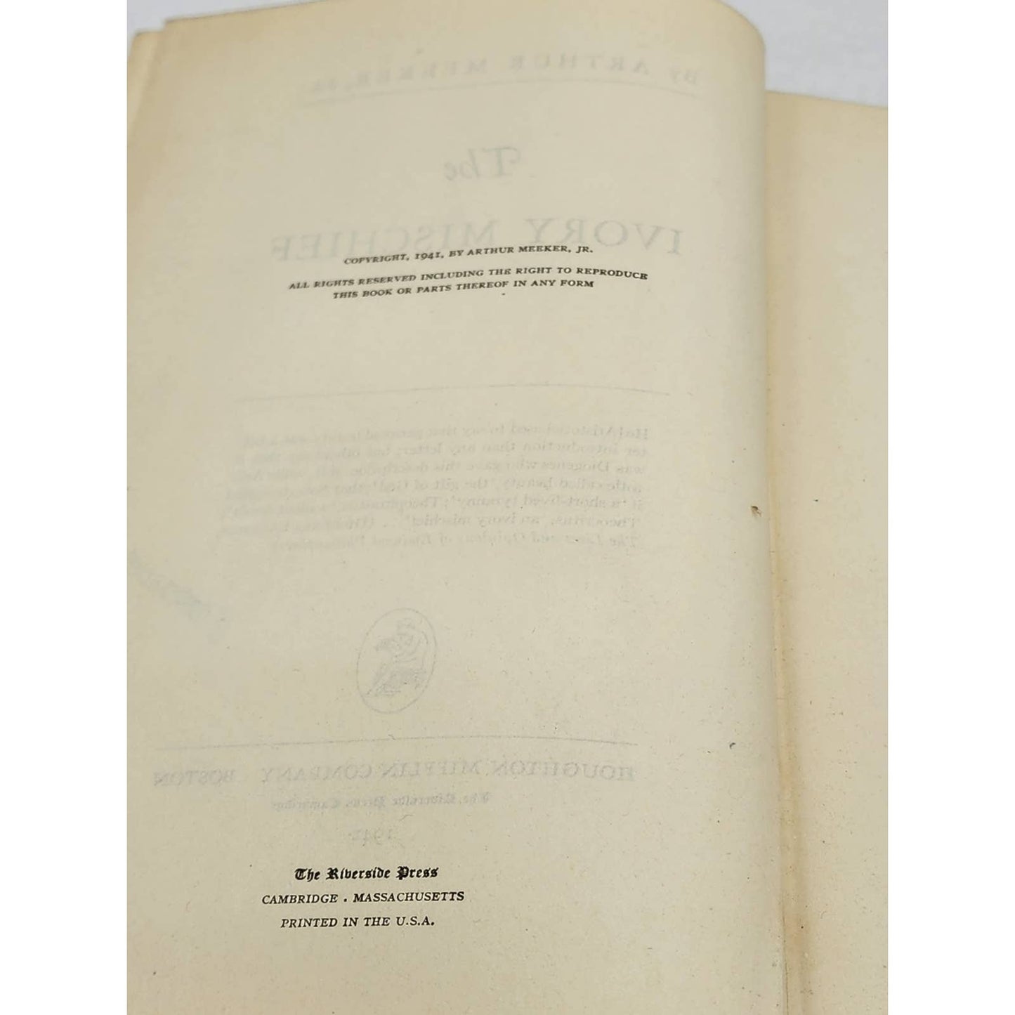 The Ivory Mischief By Arthur Meeker Jr Vintage 1942