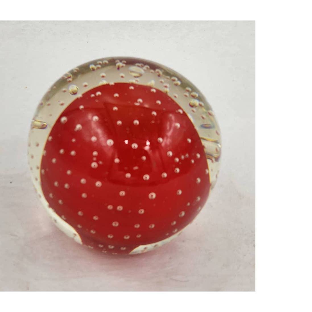 Paperweight Glass Vintage Art Glass Clear Red Bubble Design Controlled Bubble 2"