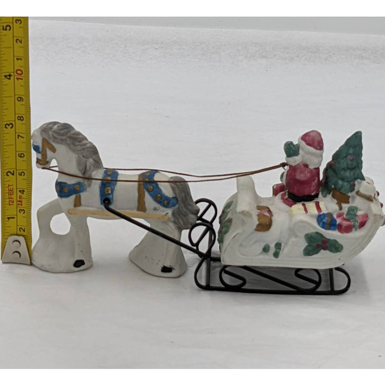 Set of 2 Christmas Figurines Waving Santa Present Carriage Horse