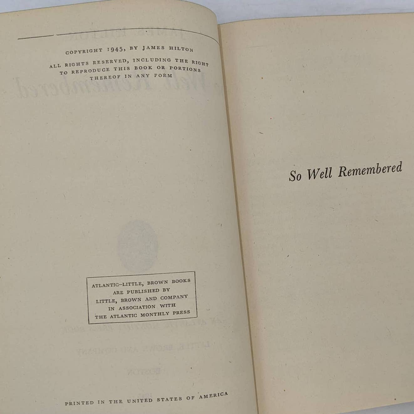 So Well Remembered By James Hilton Vintage Book Novel Early Edition 1945