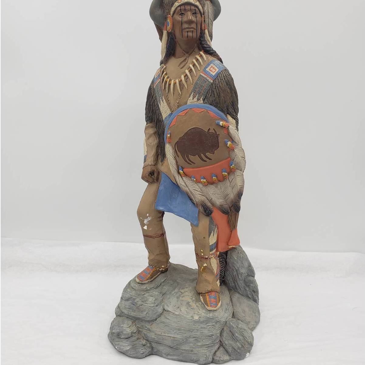 Vintage Teissedre Native American Figurine Holding Shield Made in USA 17" Tall
