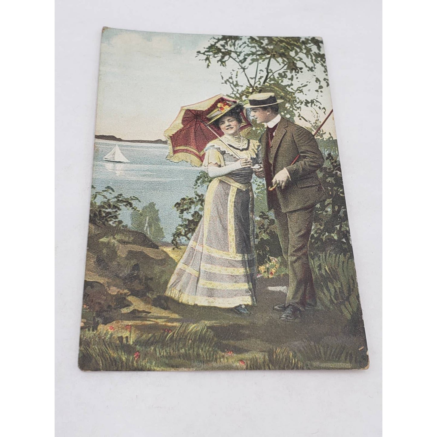 Early 1900s Romance Antique Postcard Stock Photo Couple Stroll Umbrella Romantic