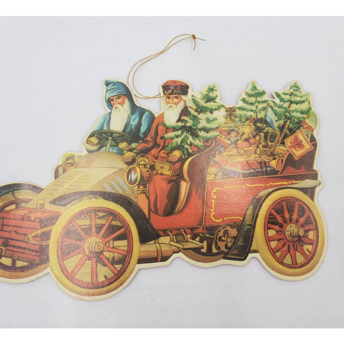 Vintage 1985 Merrimack Santa Vehicle Christmas Die Cut Hanging Card Ornament