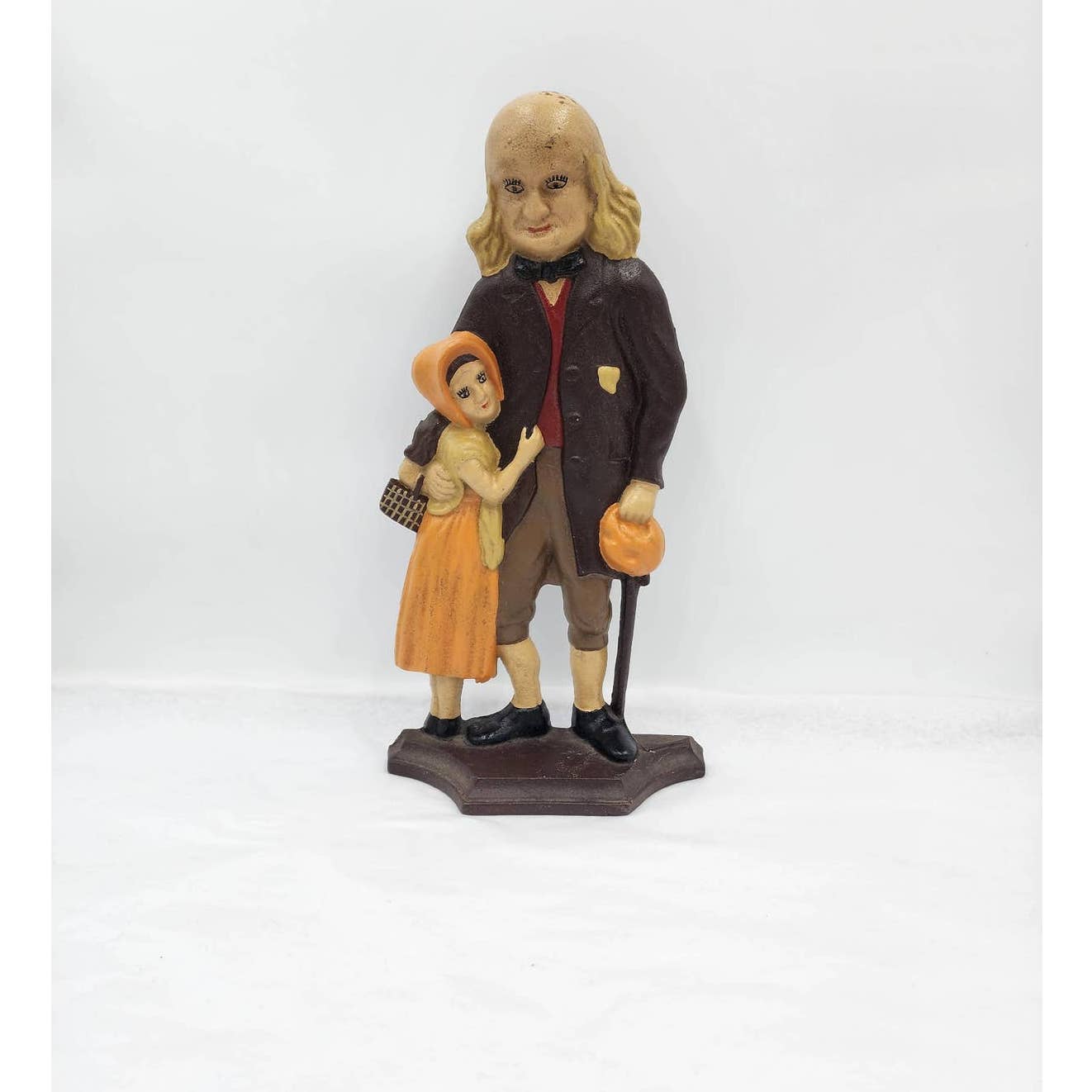 Vintage Ben Franklin Cast Iron Doorstop Holding Cane Hugging Girl Heavy 14" Tall