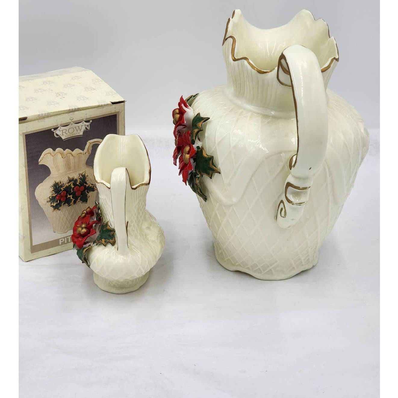 Crown Pitcher Poinsettia Pitcher Glazed Jade Christmas Set Of 2