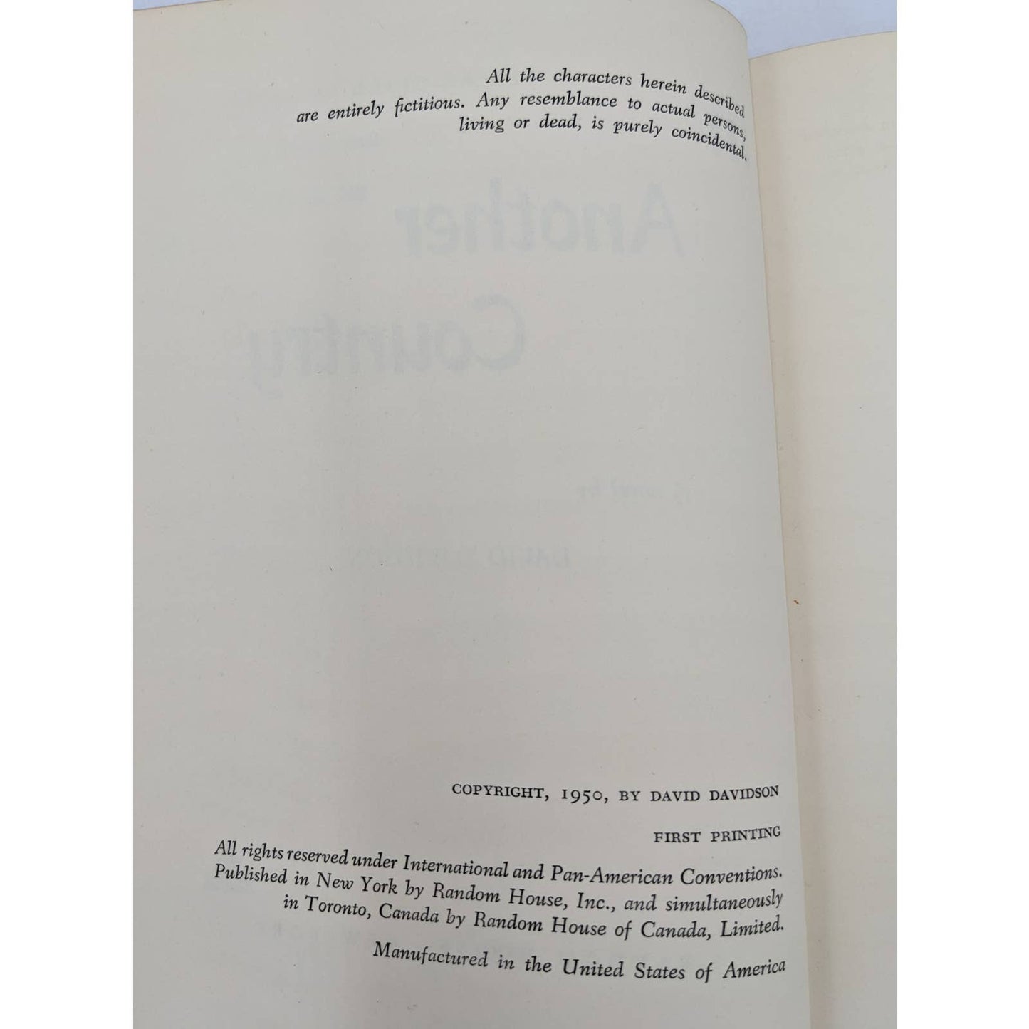 In Another Country By David Davidson First Printing Vintage Novel 1950