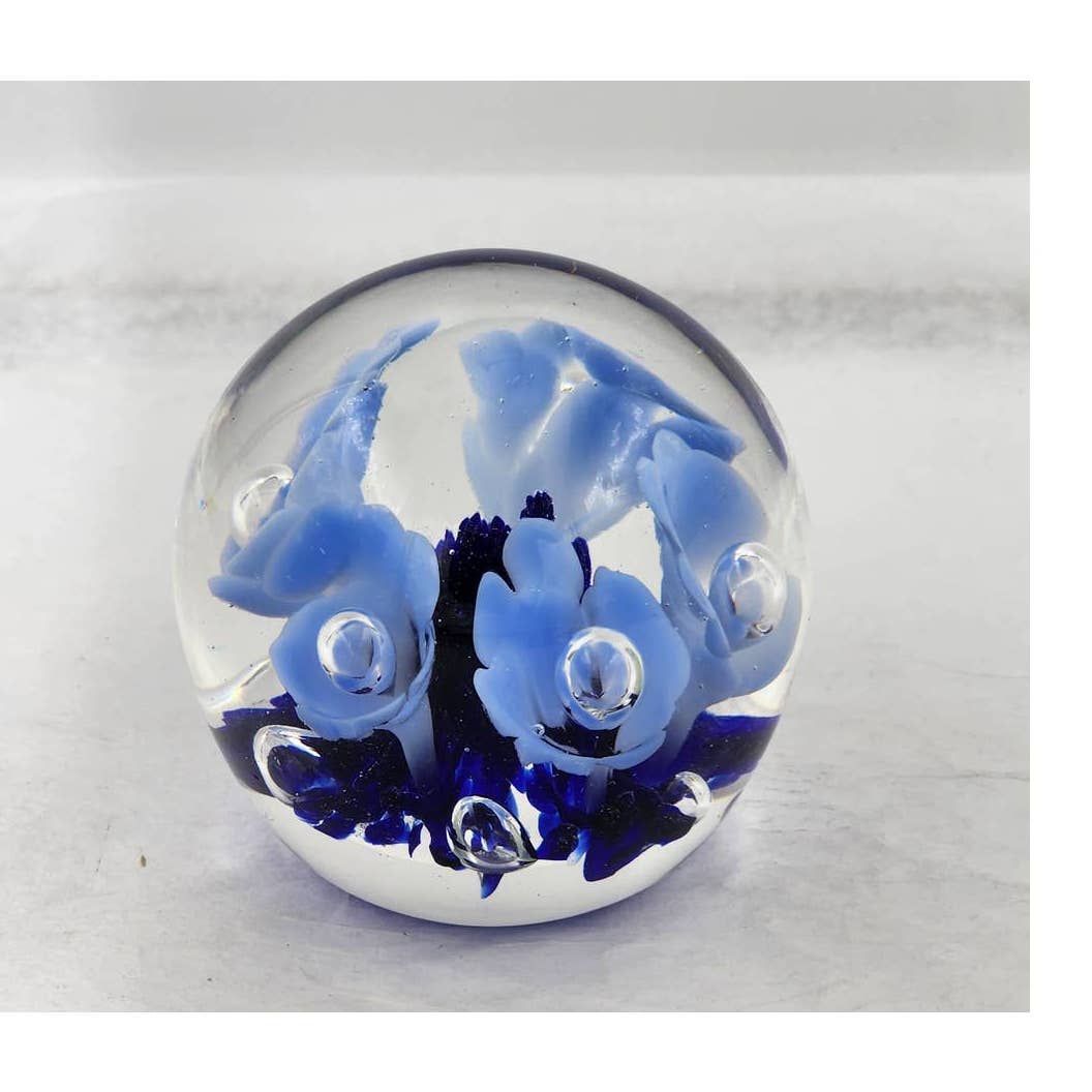 St Clair Paperweight Glass Vintage 1983 Art Glass Blue Floral Trumpet Flowers Signed Maude and Bob 3"