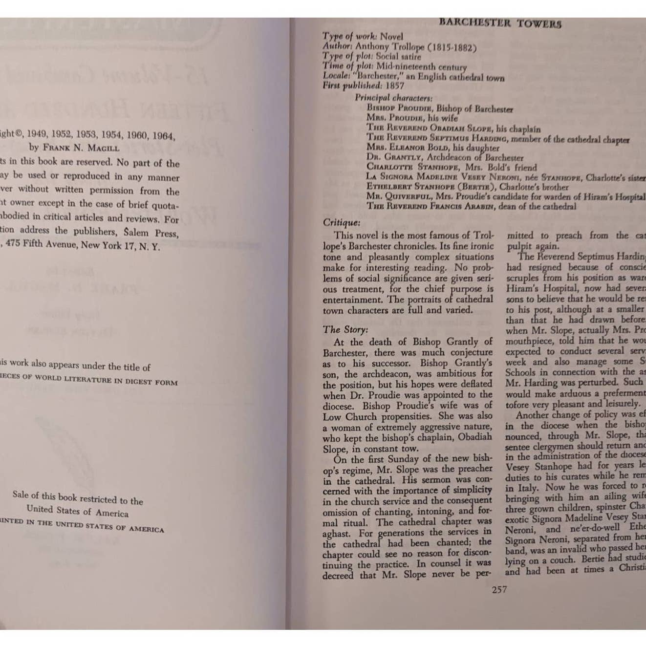 Masterplots Digests Of World Literature Volume I-II Synopsis Of Great Literature