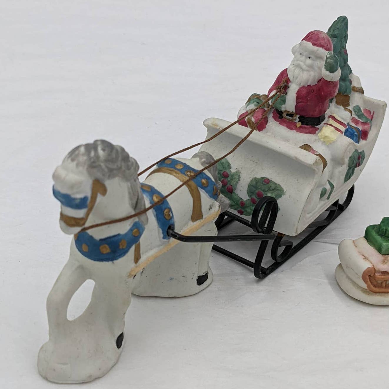 Set of 2 Christmas Figurines Waving Santa Present Carriage Horse