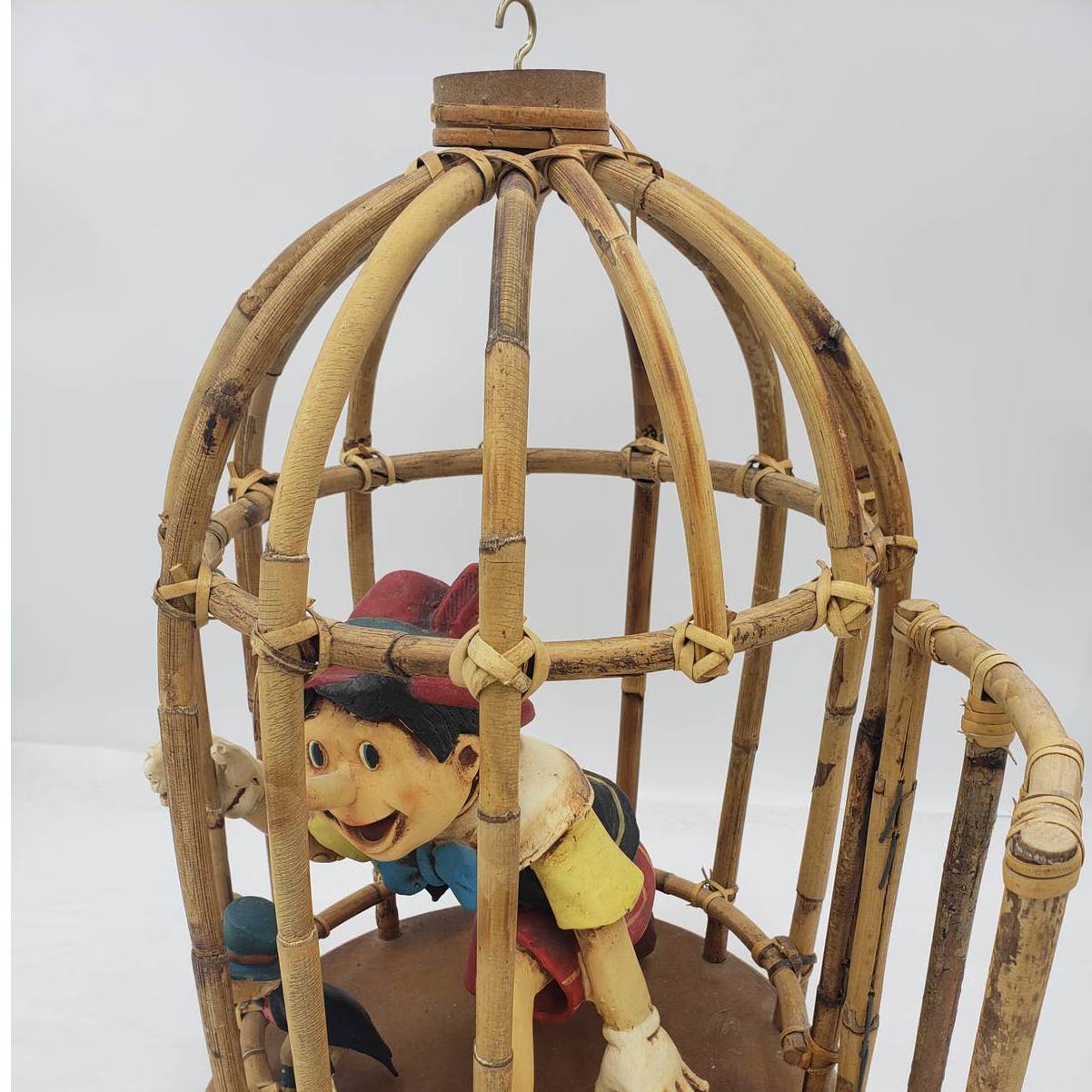 VTG Rare Walt Disney Pinocchio Jiminy Cricket Bamboo Cage that Opens and Hangs