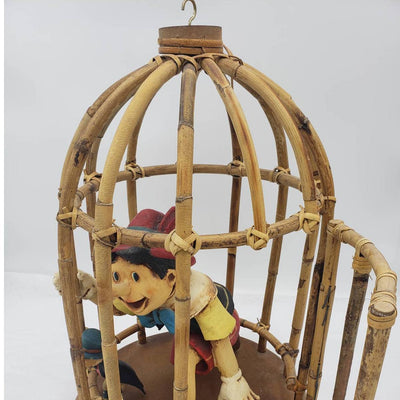 VTG Rare Walt Disney Pinocchio Jiminy Cricket Bamboo Cage that Opens and Hangs