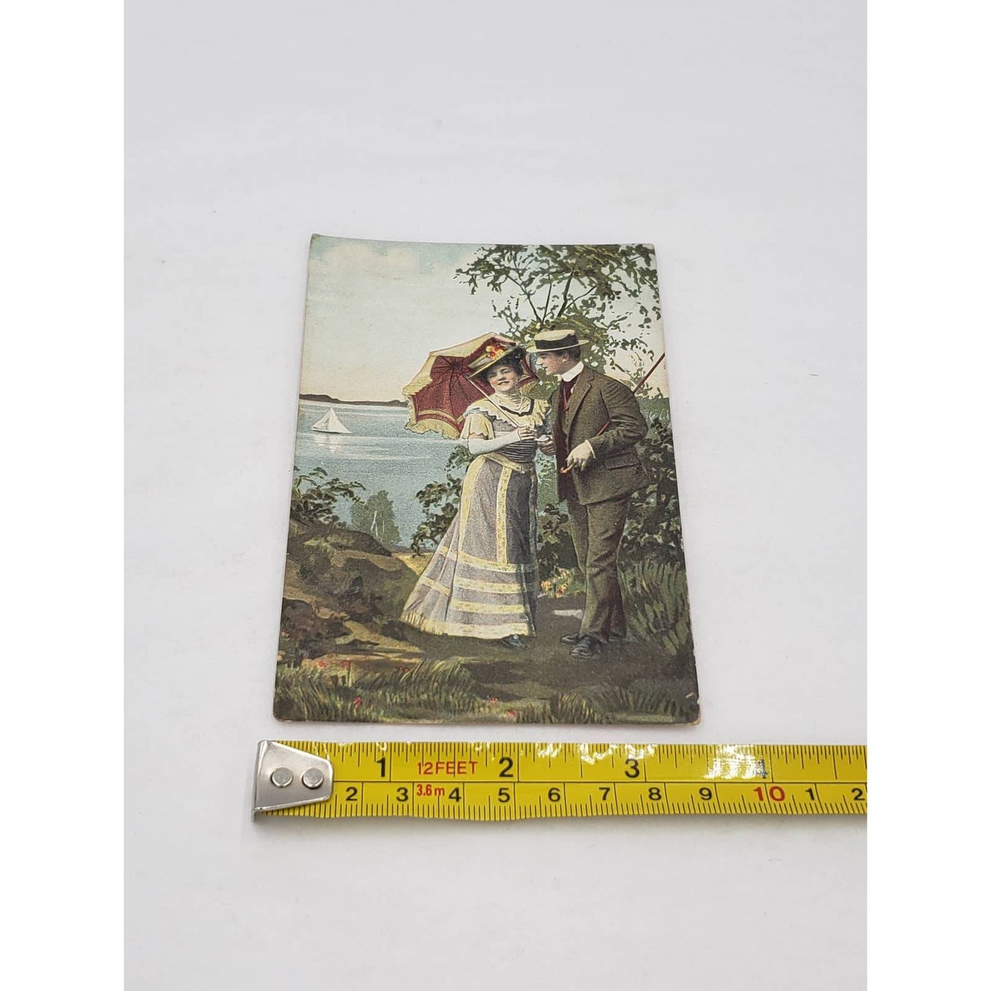 Early 1900s Romance Antique Postcard Stock Photo Couple Stroll Umbrella Romantic