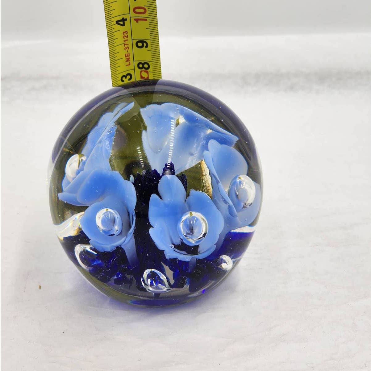 St Clair Paperweight Glass Vintage 1983 Art Glass Blue Floral Trumpet Flowers Signed Maude and Bob 3"