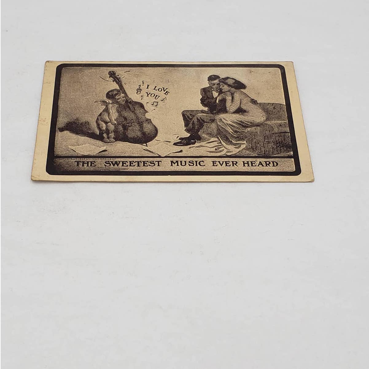 c1919 Romance Love Sweetest Music Ever Heard Couple Cherub Antique Postcard