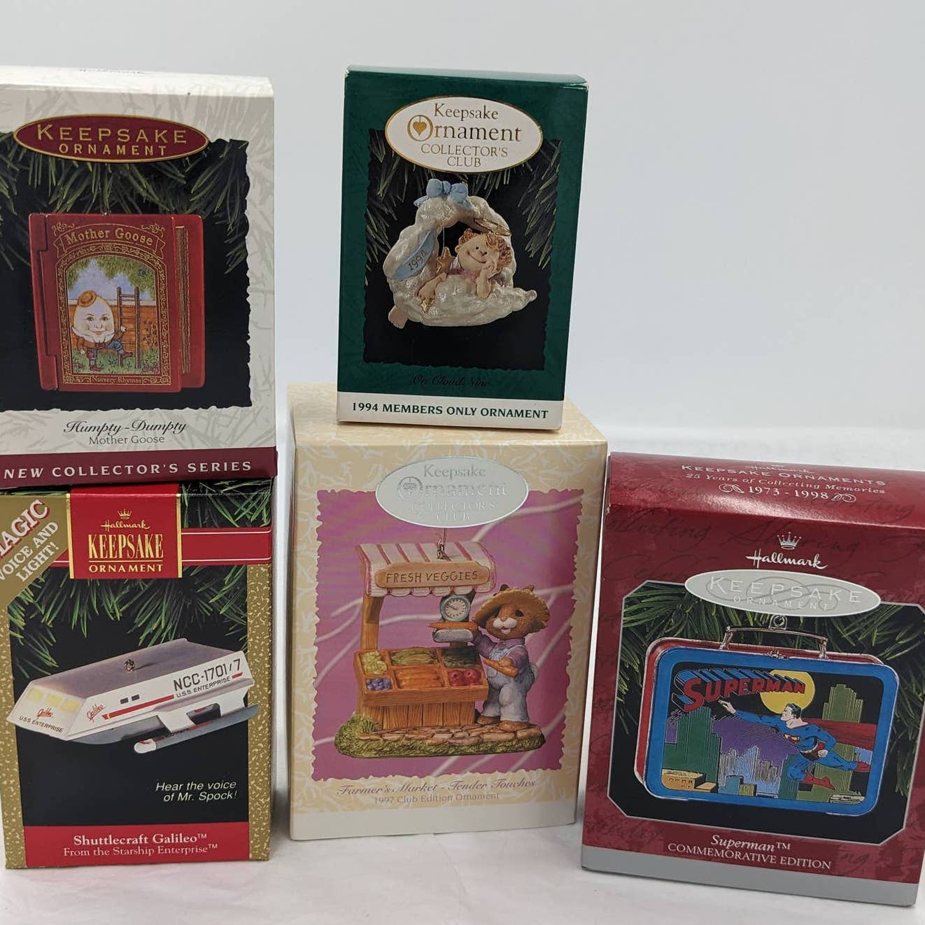 Hallmark Ornaments Superman Shuttlecraft Galileo Farmers Market Keepsake W/Boxes