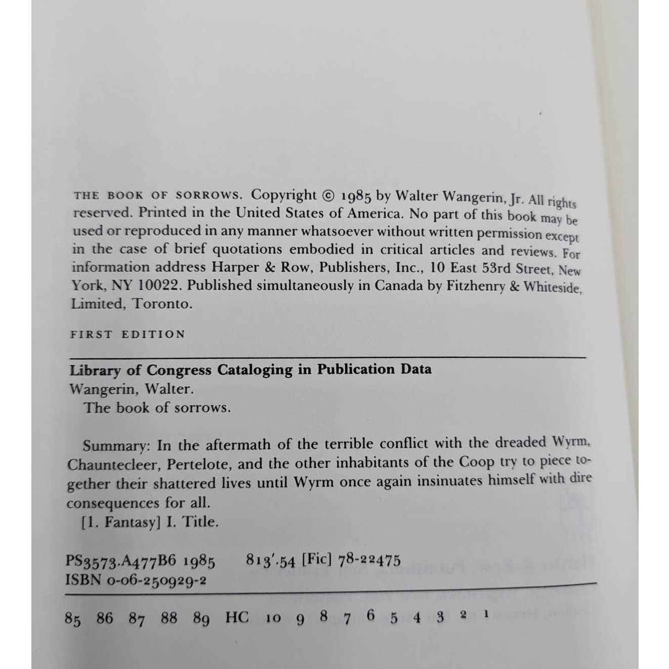 The Book Of Sorrows By Walter Wangerin, Jr Vintage Hardcover First Edition 1985