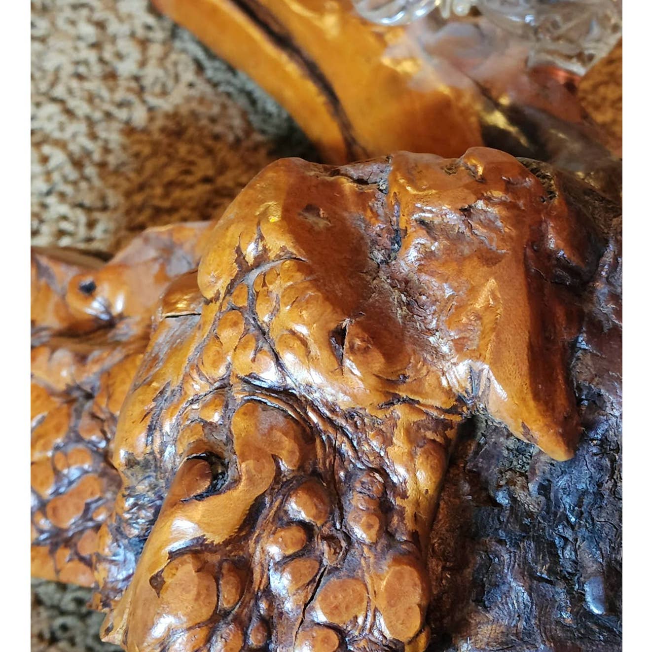 Vintage Glass Eagle Resting Glass Branch Rested Large Wood Base Tree Trunk 16"