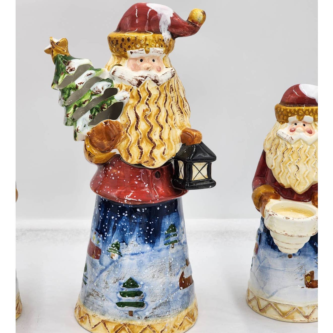 Santa Candle Holder Set Vintage Christmas Figurines Santa Holding Lantern Tree