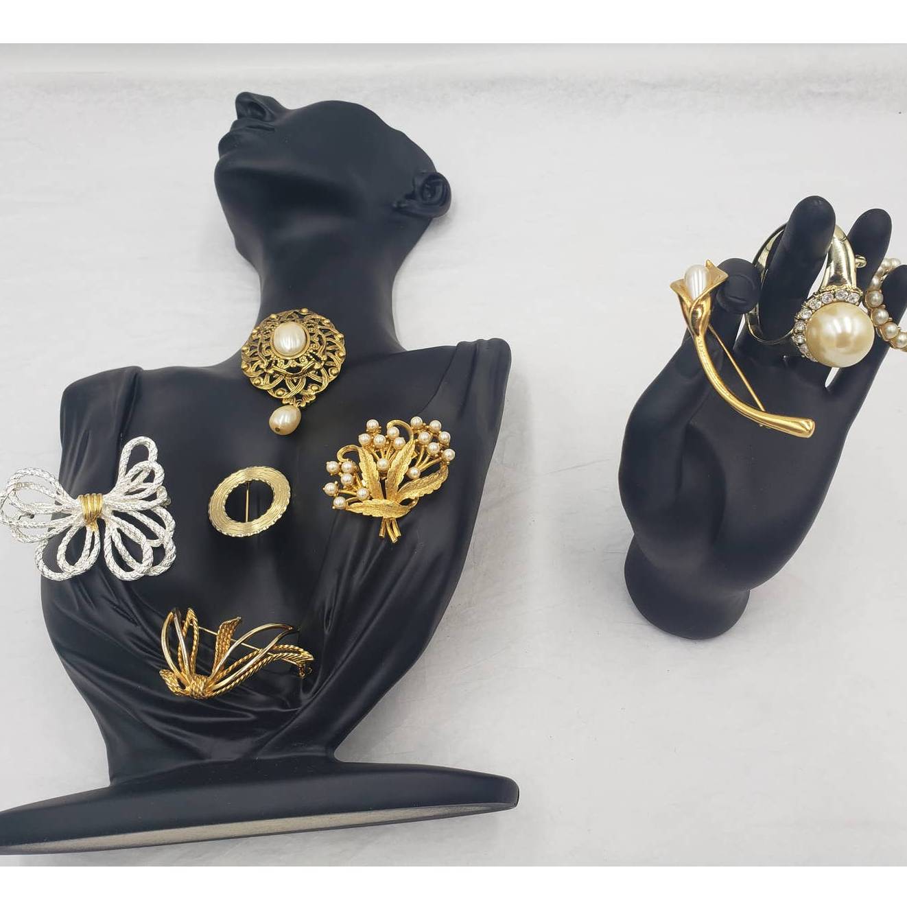 Vintage Brooch Lot Faux Pearl Pendant, AJC Ring, Leaf, Circle, Calla Lily Flower