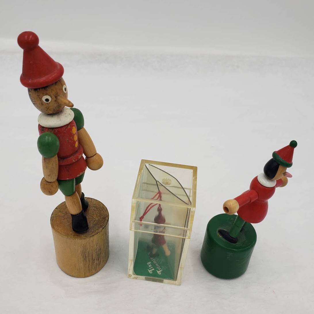 VTG Pinocchio Lot of 3 W/2 Wooden Pinocchio Collapsible Push Thumb and Ornament