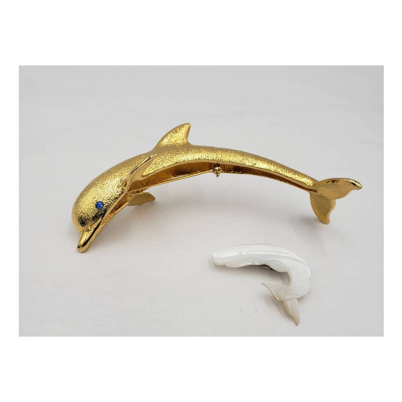 Vintage Large Dolphin Gold Jumping Sapphire Eyes Rhinestone Brooch and Whale Pin