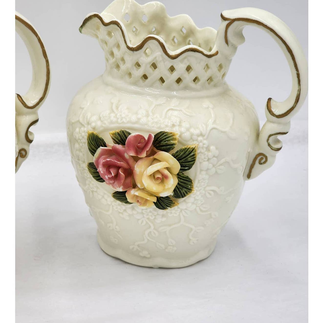 Jade Porcelain 3D Rose Floral Pitcher Set of 2