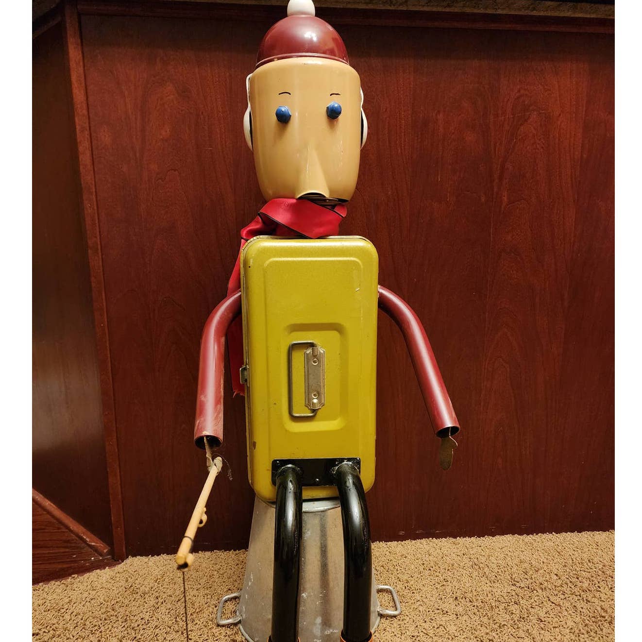 Large Metal Art Sculpture Whimsical Fisherman Ice Fishing Tackle Box W/Rod 32"