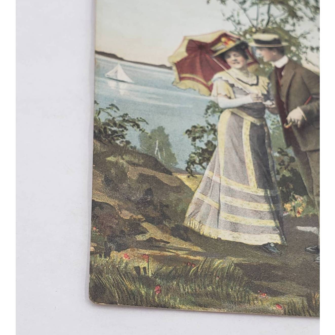 Early 1900s Romance Antique Postcard Stock Photo Couple Stroll Umbrella Romantic