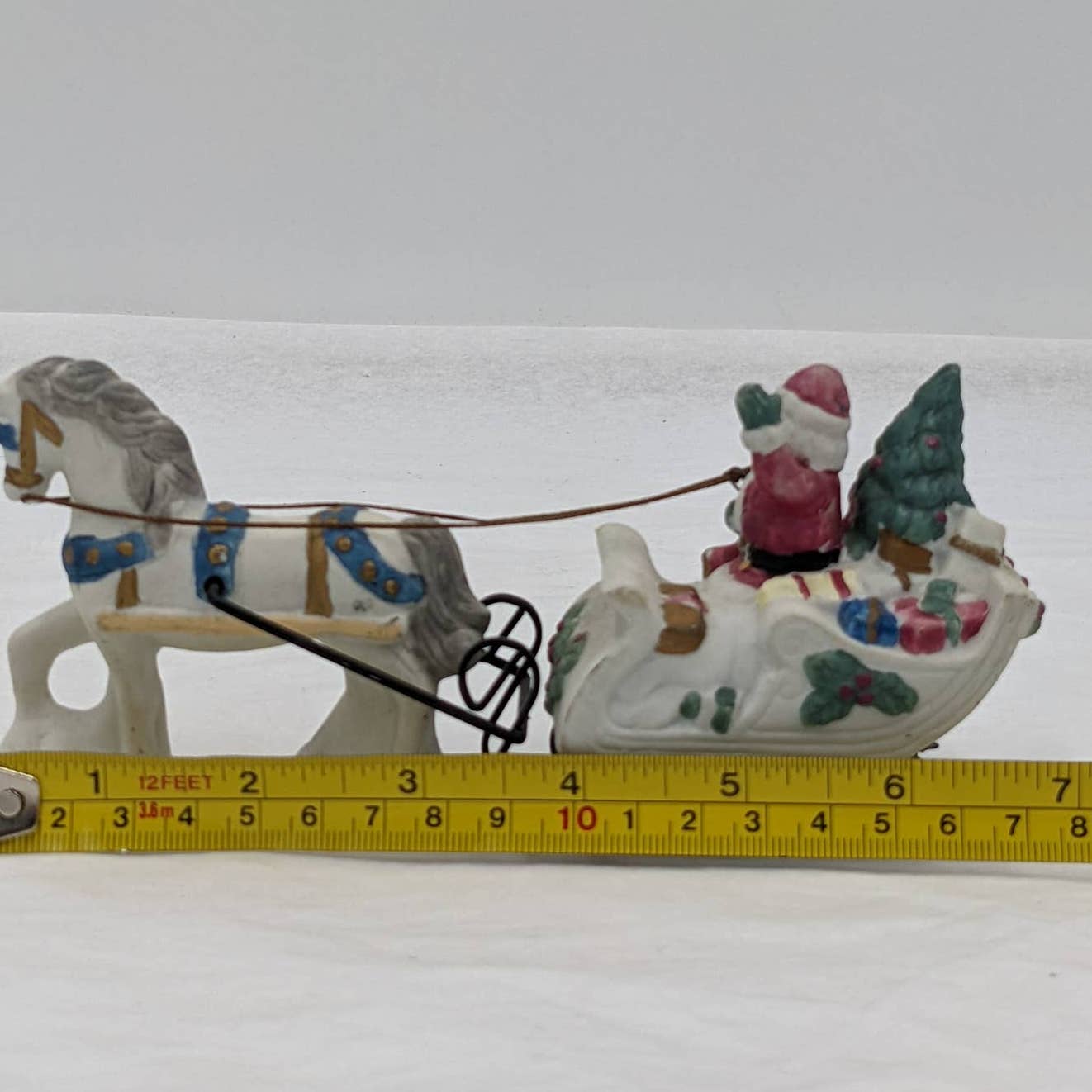 Set of 2 Christmas Figurines Waving Santa Present Carriage Horse