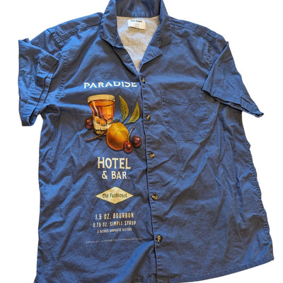 Old Navy Shirt Mens Large Linen Paradise Hotel Cocktail Graphic Beach Hawaiian