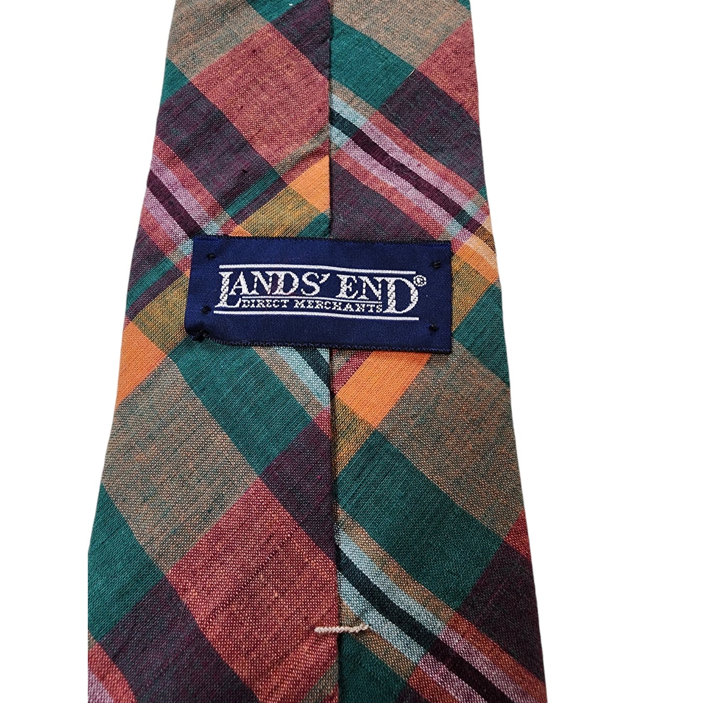 Lands End Men Tie Plaid Cotton Necktie Hand Sewn USA Fall Colors Vintage Classic
