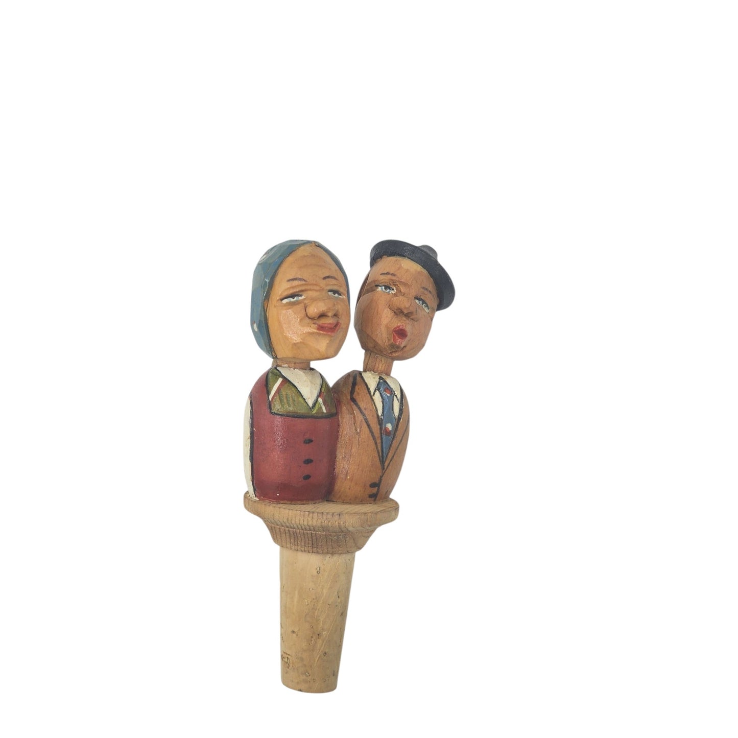 ANRI Italian HandCarved Wooden Bottle Stopper Couple Mechanical Folk Art Barware