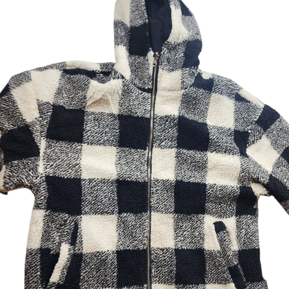 Buffalo Check Sherpa Fleece Jacket Large Black White Plaid Zip Hooded Coat Cozy