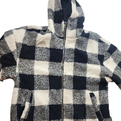 Buffalo Check Sherpa Fleece Jacket Large Black White Plaid Zip Hooded Coat Cozy