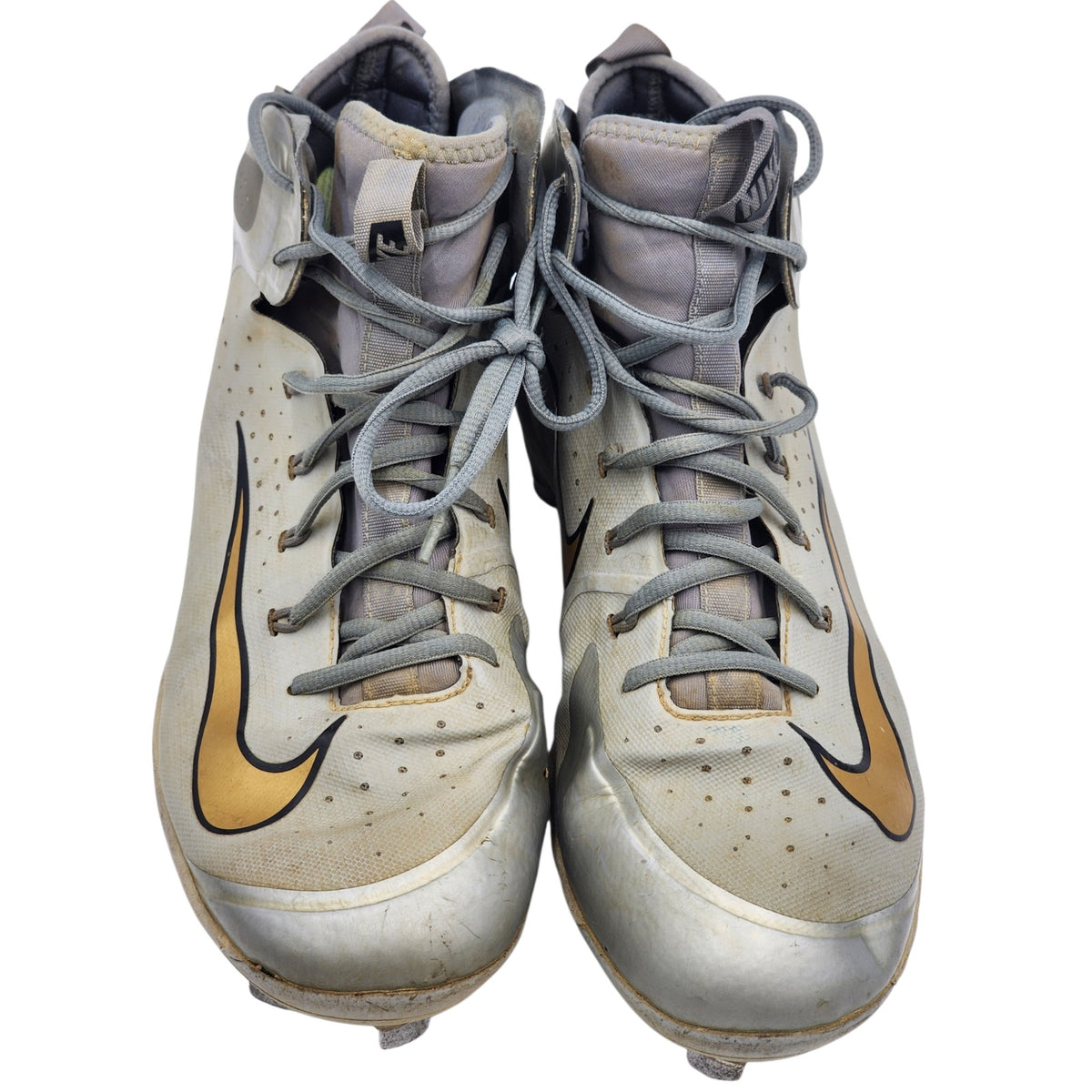 Nike Huarache Baseball Cleats 10.5 Gray Gold Metal Spikes High Top 923428-070