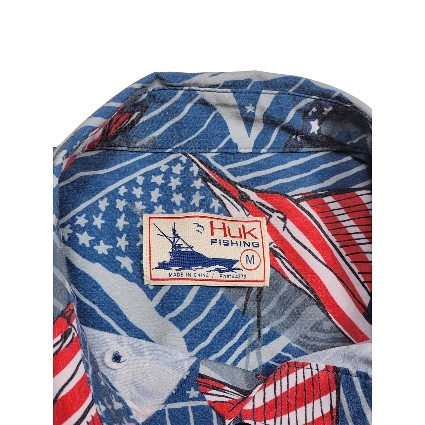Huk Fishing Shirt Men Medium Patriotic Red White Blue Marlin Flags Button Down