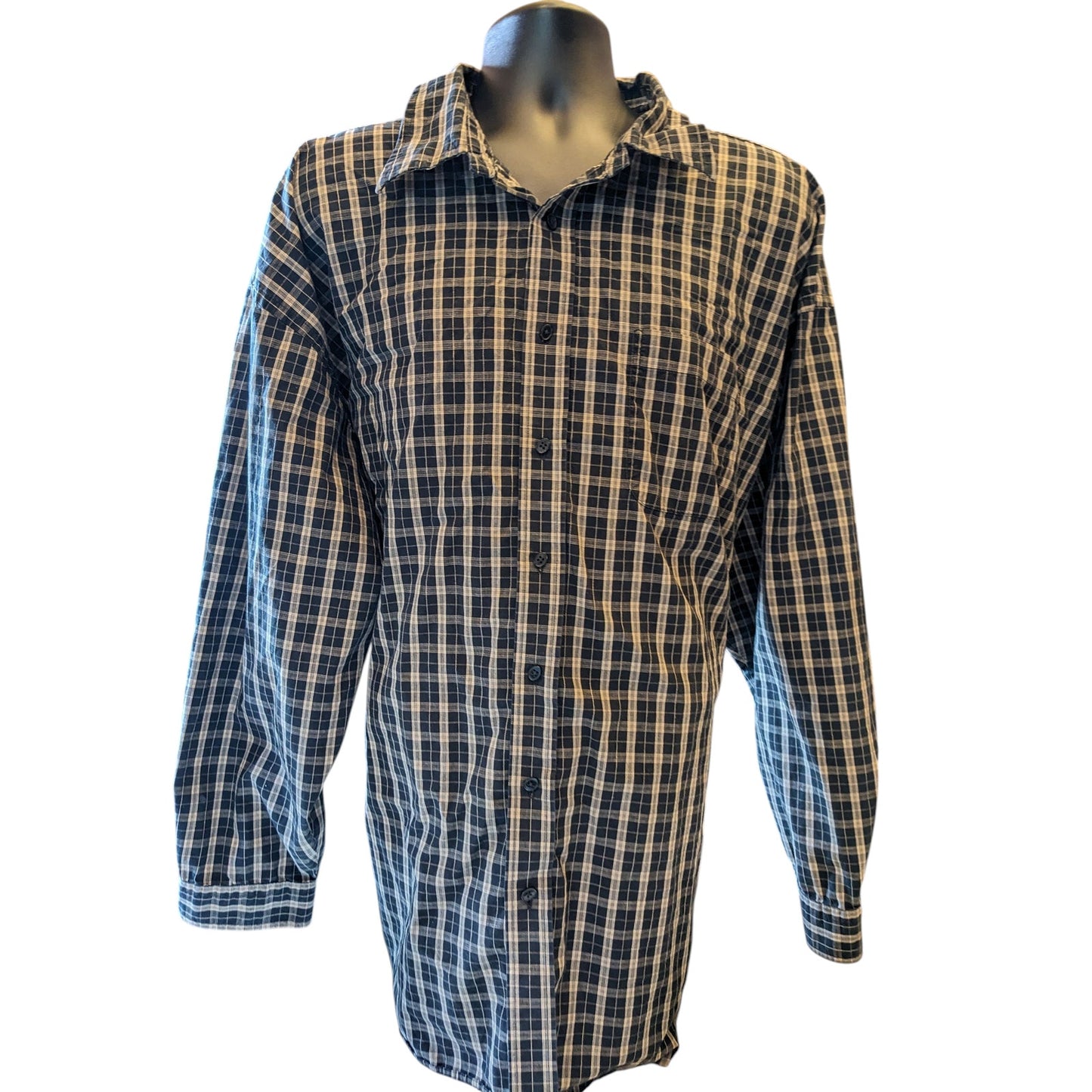 Van Heusen Studio Shirt Mens 3XLT Button Up Long Sleeve Cotton Plaid Blue Gray