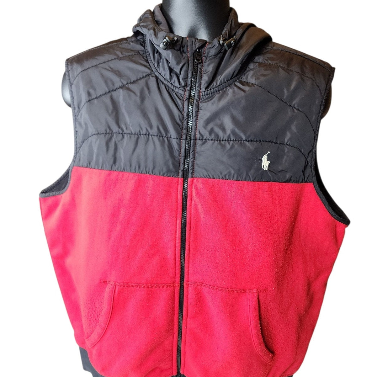 Polo Ralph Lauren Vest Men XL Puffer Red Black Hooded Full Zip Pony Fleece Gilet